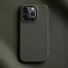 Olive leather iPhone 16 Pro case on dark surface