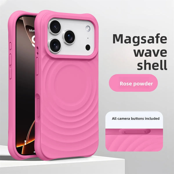 Rose pink wave pattern iPhone case with matte silicone feel and clean camera opening.