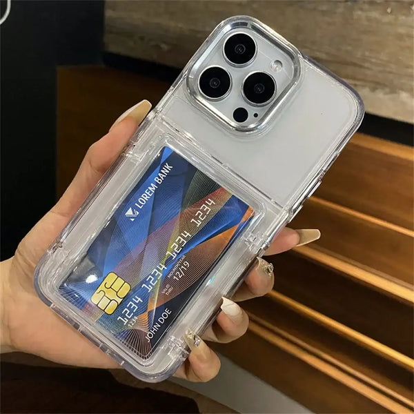 Close rear view of clear wallet case holding a card inside the acrylic slot