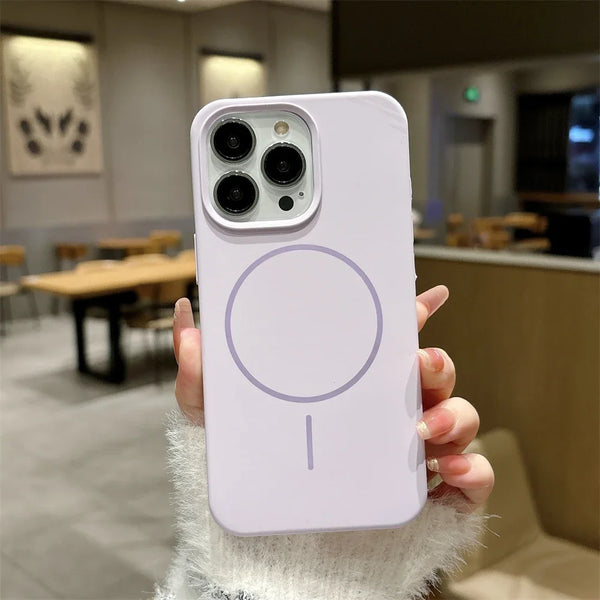 Light lilac-toned liquid silicone iPhone case with soft matte finish and MagSafe alignment