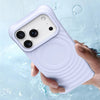 Phone case with text about washability and stain resistance, held by a hand against a water droplet background.