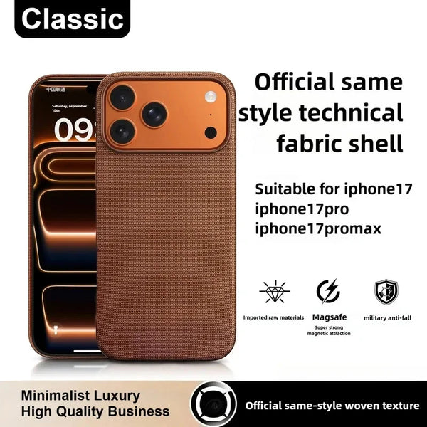 Brown fabric iPhone case front and back view with MagSafe-ready alignment