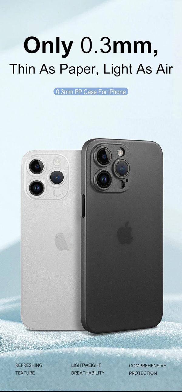 Two frosted iPhone cases in white and black showing the lightweight slim build