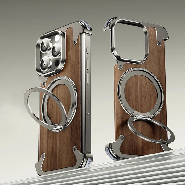 Walnut Wood MagSafe Case For iPhone 15 Pro Max - 360° Ring Stand