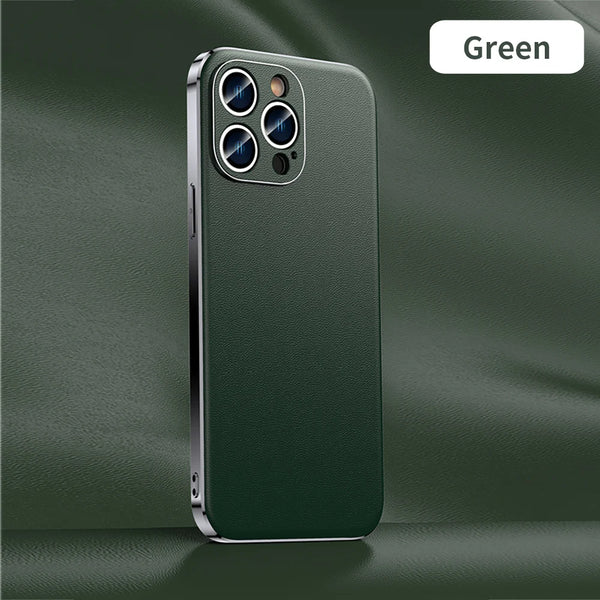 Black leather iPhone case showing matte texture, raised camera frame, and slim build