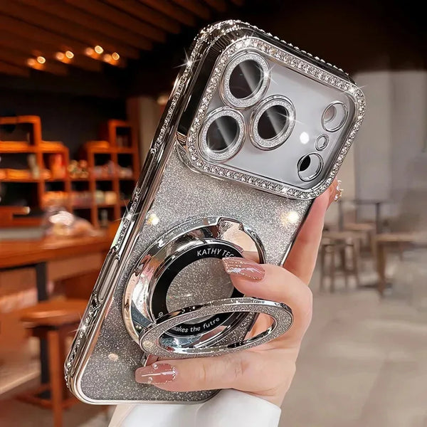 Silver glitter transparent iPhone case with MagSafe ring and reflective camera protection detail