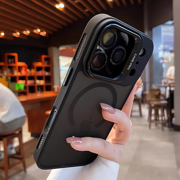 Black translucent matte iPhone case with clean silhouette and raised camera frame