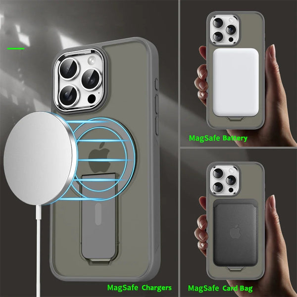 MagSafe folding stand iPhone case shown supporting a wireless charger and MagSafe accessories