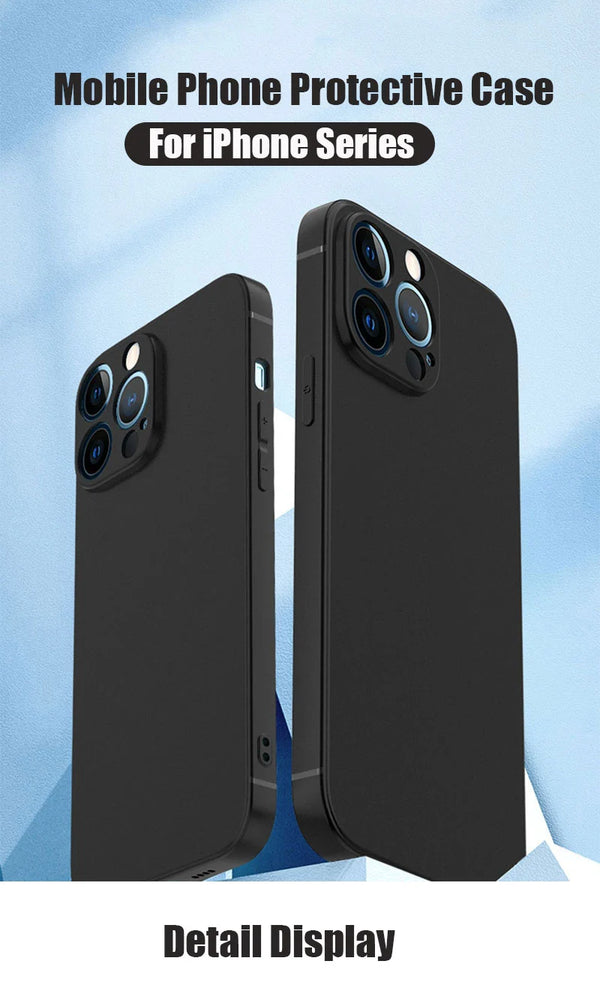Matte black iPhone case with soft-touch finish shown next to the phone in a clean product shot.