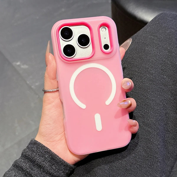 Pink candy-tone iPhone case with glossy finish and camera protection detail