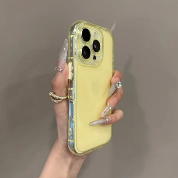 Yellow clear iPhone case with glossy transparent finish held in hand
