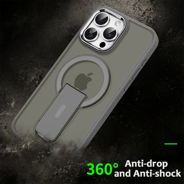 Shockproof matte iPhone case with folding stand shown in a drop-protection style hero scene