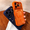 Two matte translucent bracket cases in navy and orange displayed side by side on an iPhone