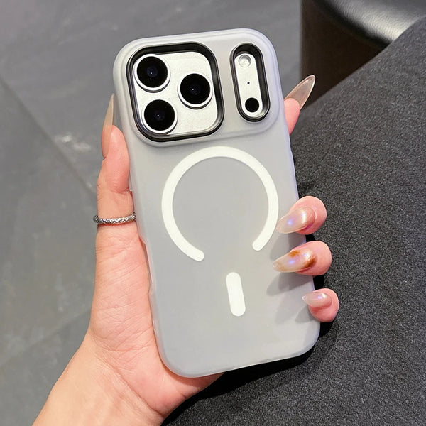 Gray candy-tone MagSafe iPhone case shown in hand with raised camera frame