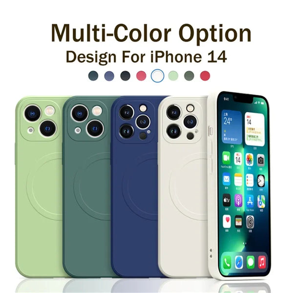 Matte magnetic silicone iPhone case shown in multiple colors on a clean white background.