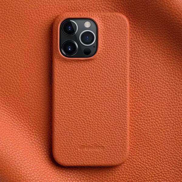 Leather iPhone 16 Pro case with embossed Trendora logo