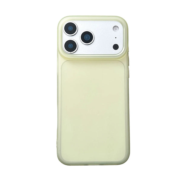Yellow matte clear iPhone case front view with translucent pastel border and camera cutout