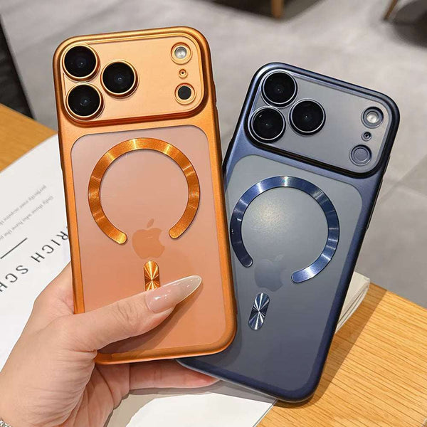 Semi-transparent matte MagSafe case for iPhone 17 displayed with raised lens protection.