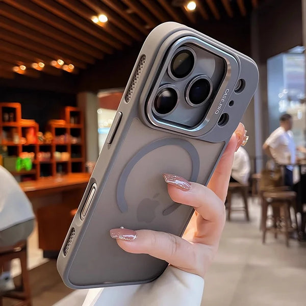 Taupe matte iPhone case with magnetic ring detail and protective PC TPU build