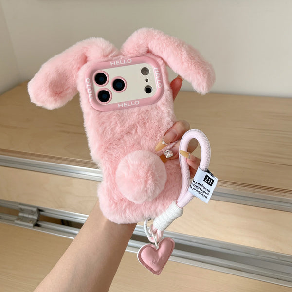 3D Cute Rabbit Ears Plush Phone Case With Lanyard