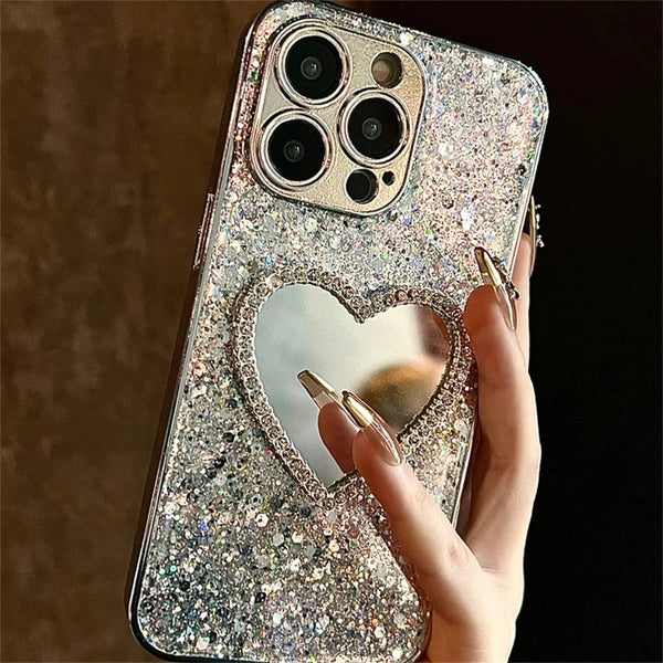 Back view of glitter mirror iPhone case with heart-shaped reflective cutout