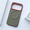 Blue woven leather iPhone 17 case front view with textured finish