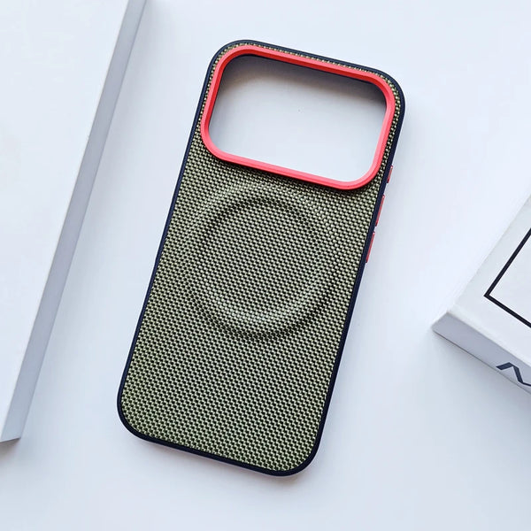 Blue woven leather iPhone 17 case front view with textured finish
