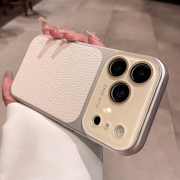 White litchi leather iPhone case with textured back and raised camera protection