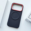 Green woven leather iPhone 17 case front view with raised red camera frame