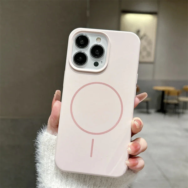 Antique White liquid silicone iPhone case with MagSafe ring detail, held in hand