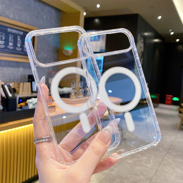 Two transparent iPhone cases showing the clear finish and MagSafe ring alignment