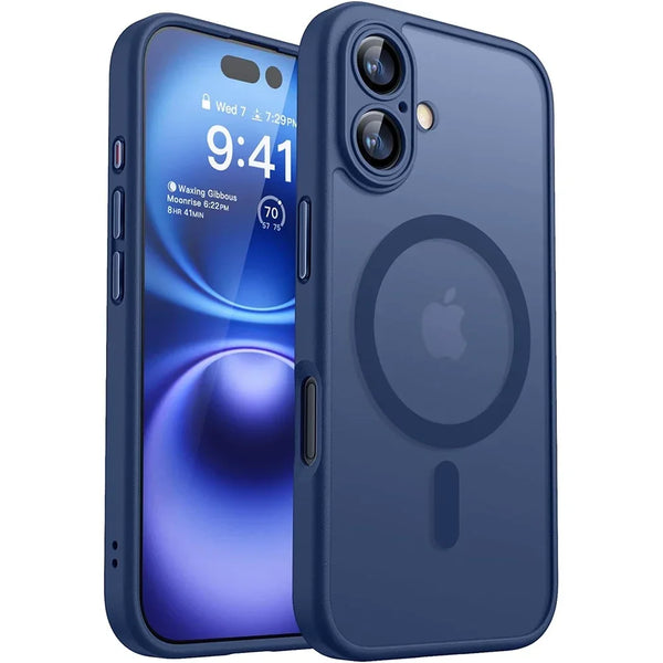 Dark blue matte translucent armor case for iPhone 16 with raised camera coverage