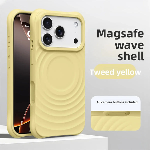Yellow wave-textured iPhone case with raised profile and smooth silicone finish.