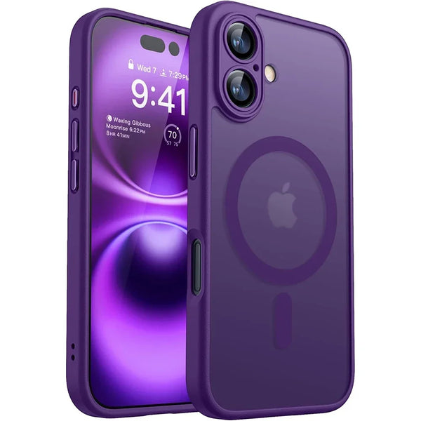 Purple matte translucent iPhone 16 case with premium low-glare finish and precise button cutouts
