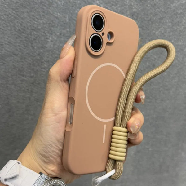Beige matte iPhone case with strap and soft-touch everyday grip.