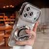 Clear glitter iPhone case with metallic edging and built-in holder, shown on a hand