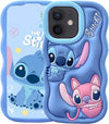 Blue wave-stitch silicone iPhone case with Stitch character art, shown front view on a white background.