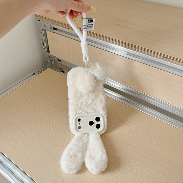 3D Cute Rabbit Ears Plush Phone Case With Lanyard
