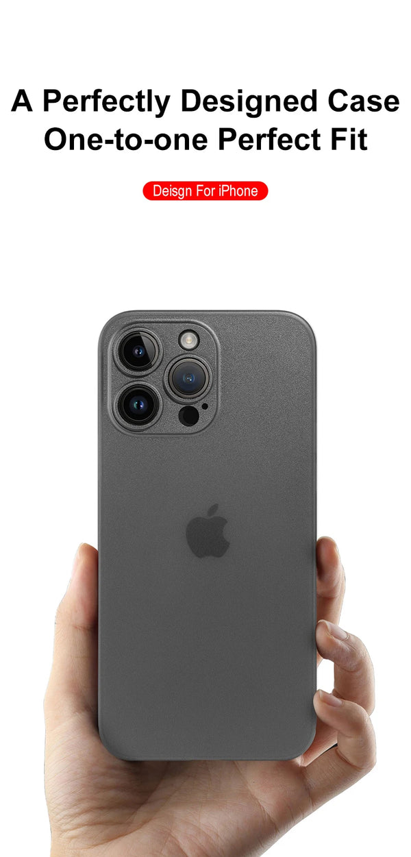 Hand holding a slim frosted matte iPhone case with a clean low-bulk feel