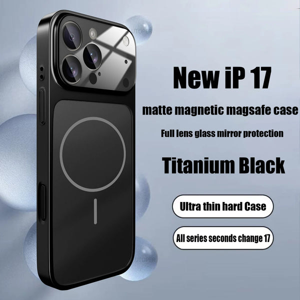 Black iPhone 17 case with full lens glass mirror protection and magnetic back
