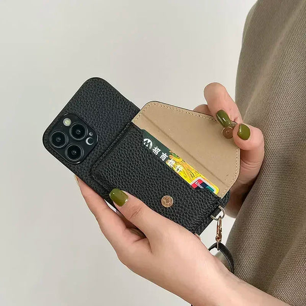 Leather Lanyard Card Holder Case for iPhone with Crossbody Strap
