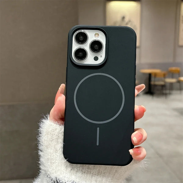 Black liquid silicone iPhone case with magnetic alignment ring and slim profile