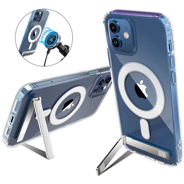 Transparent iPhone case using the built-in kickstand with MagSafe compatibility