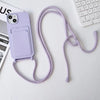Light purple silicone-style iPhone crossbody case with attached strap and card compartment