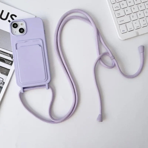 Light purple silicone-style iPhone crossbody case with attached strap and card compartment