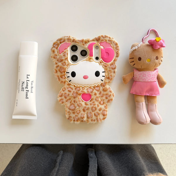 Cute Fluffy Leopard Print Hello Kitty Phone Case