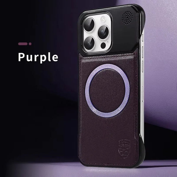 Purple leather iPhone case with centered magnetic ring and tidy camera-safe shape