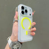 Translucent frosted iPhone case with neon yellow magnetic circle detail in hand