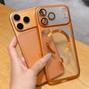 Blue translucent matte iPhone case with magnetic ring detail and slim protective edges.