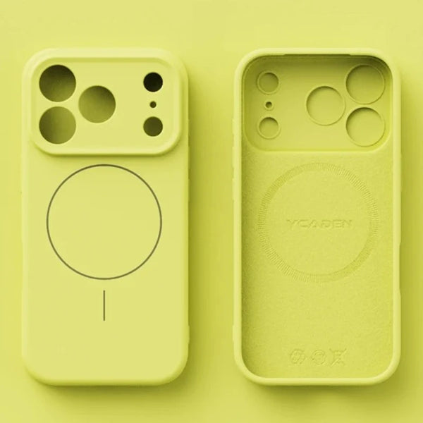 Light yellow-green matte silicone iPhone case showing the magnetic circle on the back